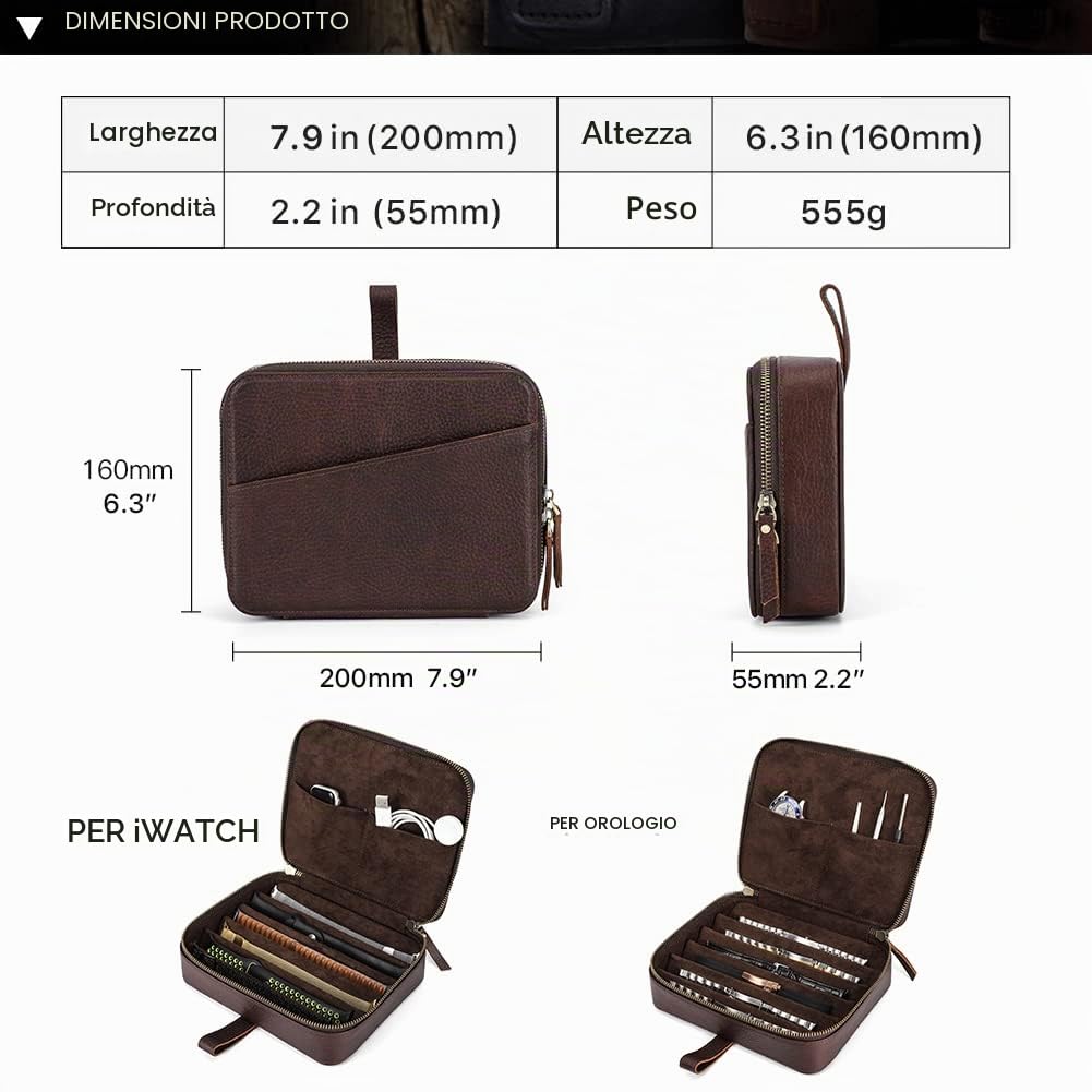 CONTACTS Custodia per cinturini in vera pelle con cerniera, organizer da viaggio, compatibile con tutte le serie di cinturini e accessori Apple Watch (color caffè, 6 slot)