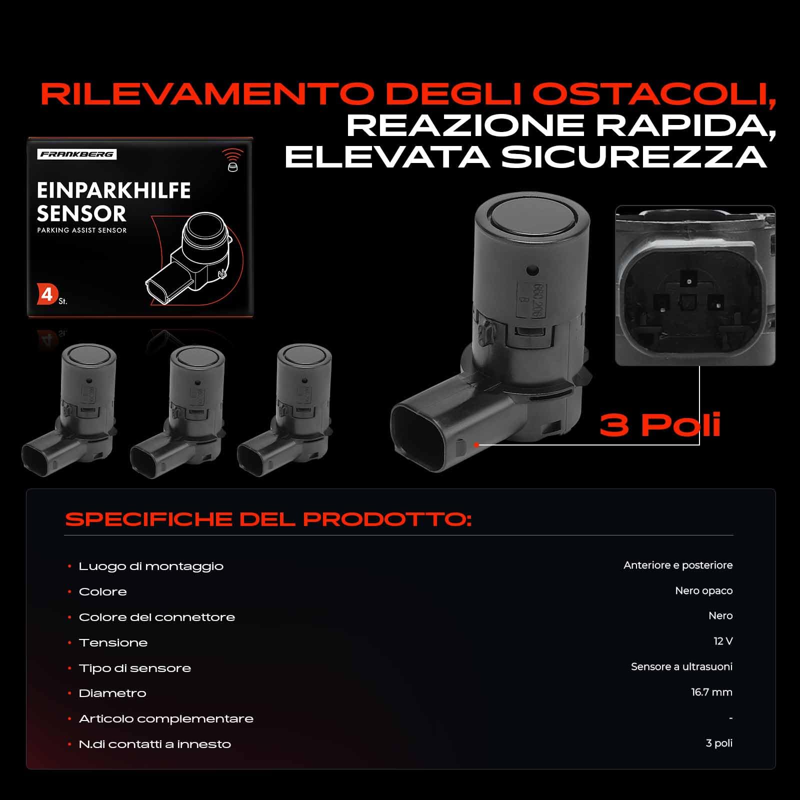 Frankberg 4 sensori di parcheggio anteriori e posteriori 66200306567 | Compatibile con: Serie 6 Cabrio E64, X5 E53, M.i.n.i decappottabile R52, Serie 5 E39, Serie 5 Touring E39