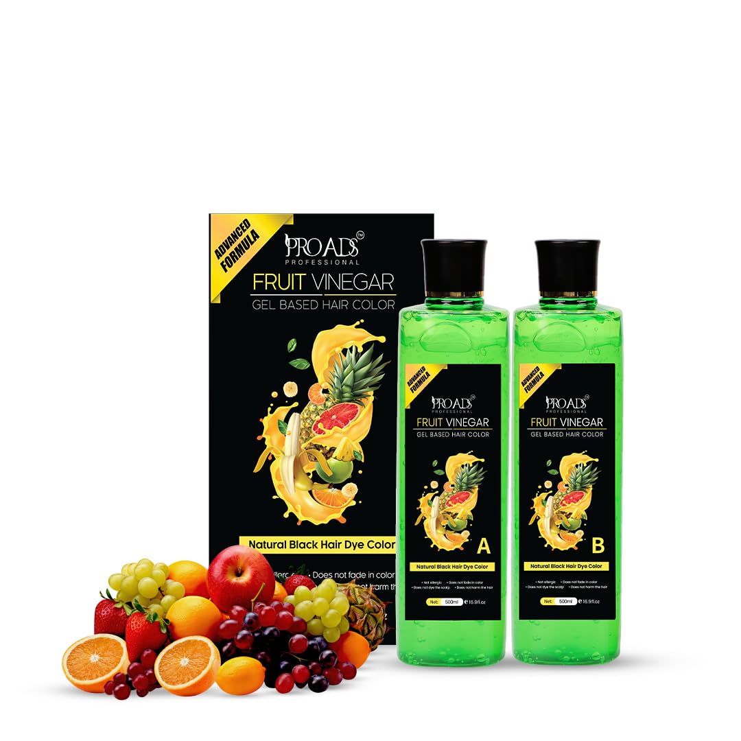PROADS Black Hair Color Gel with Fruit Vinegar, 10-Min Quick Hair Dye for Men & Women, Dermatologically Tested, Long-Lasting, Natural Look, No Drip, Mess-Free Gel Hair Color (500mlX2)