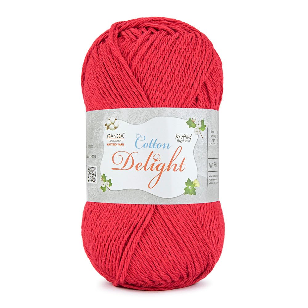 Ganga Acrowools Cotton Delight, Dk Weight Cotton Yarn, Oekotex Class L Certified 100G, 169M (Lite red)