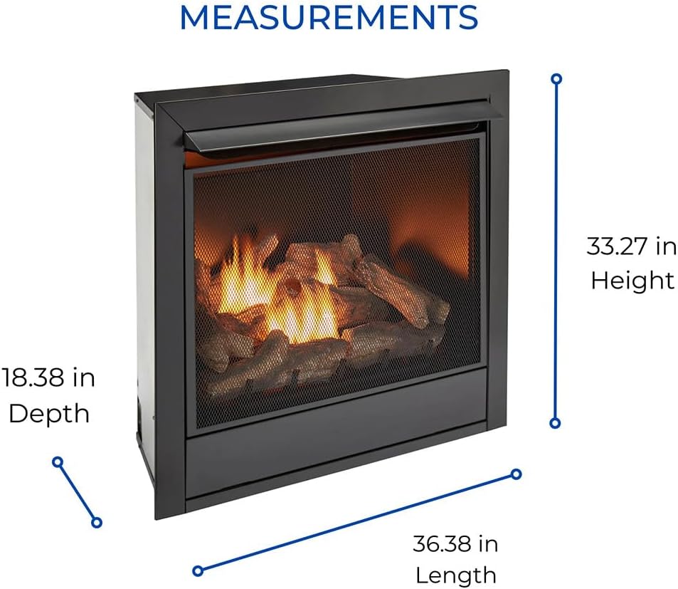 Diagram showing the dimensions of the fireplace insert: 18.38 inches Depth, 33.27 inches Height, 36.38 inches Length.