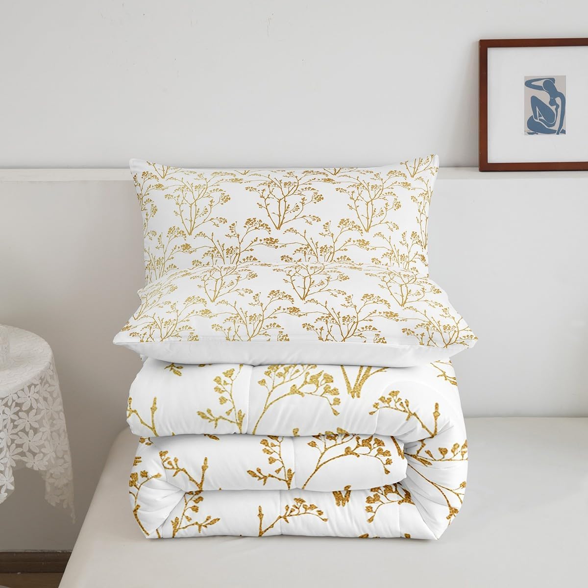 Feelyou Metallic Branch Bedding Set White Gold Tree Branches Full Size for Adult Boys Girls Duvet Set Botanical Decor Comforter Set Glitter Gold Foil Quilt Set 3Pcs