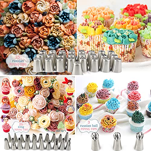 Gemlon Russian Piping Tips Cake Decorating Supplies - 88 Baking Supplies Set - 49 Icing Piping Tips - 3 Russian Ball Piping Tip, Flower Frosting Tips, Bakes Flower Nozzles-Large Cupcake Decorating Kit #TOP3