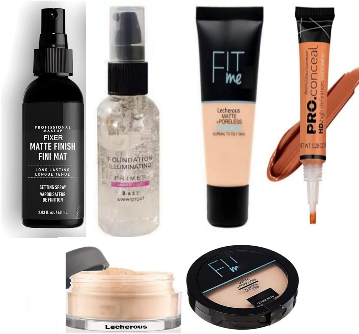 Lecherous Beauty 6 In 1 Combo Kit - Foundation, Primer, Liquid Concealer, Loose Powder, Compact Powder & Makeup Fixer (Setting Spray) - Ideal for Face Makeup - Complete Makeup
