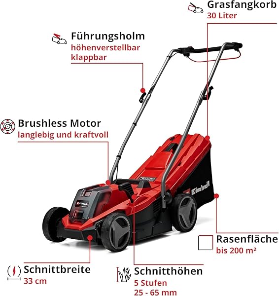 Einhell Akku-Rasenmäher GE-cm 18/33 Li Kit Power X-Change (18 V, 33 cm Schnittbreite, bis 200 m², Brushless, 30L Fangkorb, 25-65 mm Schnitthöhe, inkl. 4,0 Ah Akku + Ladegerät) - 3