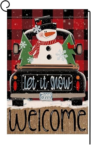 BLKWHT Bandera de jardín de muñeco de nieve de invierno de 12 x 18 pulgadas, vertical, doble cara, negro, camión de granja, Navidad, vacaciones,