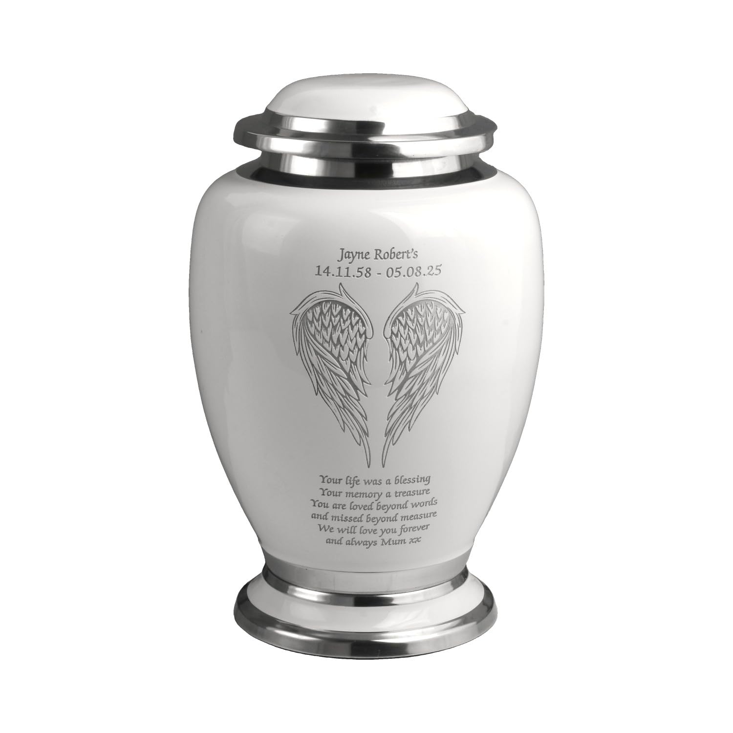 Angel Wing Cremation Urn for Adult Ashes – Durable Aluminium Funeral Container – Memorial Vessel with Engraving Holds Human Remains up to 90kg or 14 Stone (Personalised SilverTrim And White)
