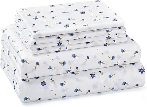 BYSURE Juego de sábanas con estampado floral azul de 6 piezas (tamaño King, flor azul), sábanas de microfibra resistente a las arrugas y a la