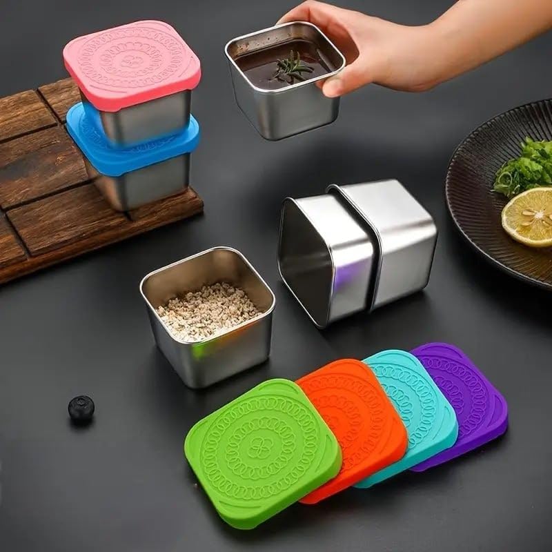 Image of 304 Stainless Steel Small Food Storage Container with Silicone Lid (180ml) | Leakproof, Portable, Stackable Sauce & Snack Box | Reusable, Dishwasher Safe, Airtight Lunch Box (6)
