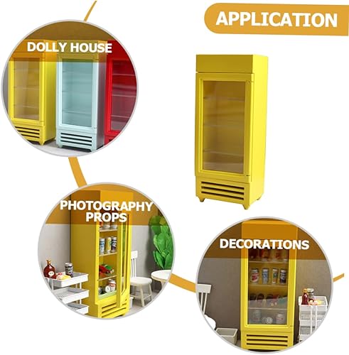 Miniatura 4 de Toyvian Mini decoración de nevera amarilla a escala para exhibición de cocina de casa de muñecas y juego de manos