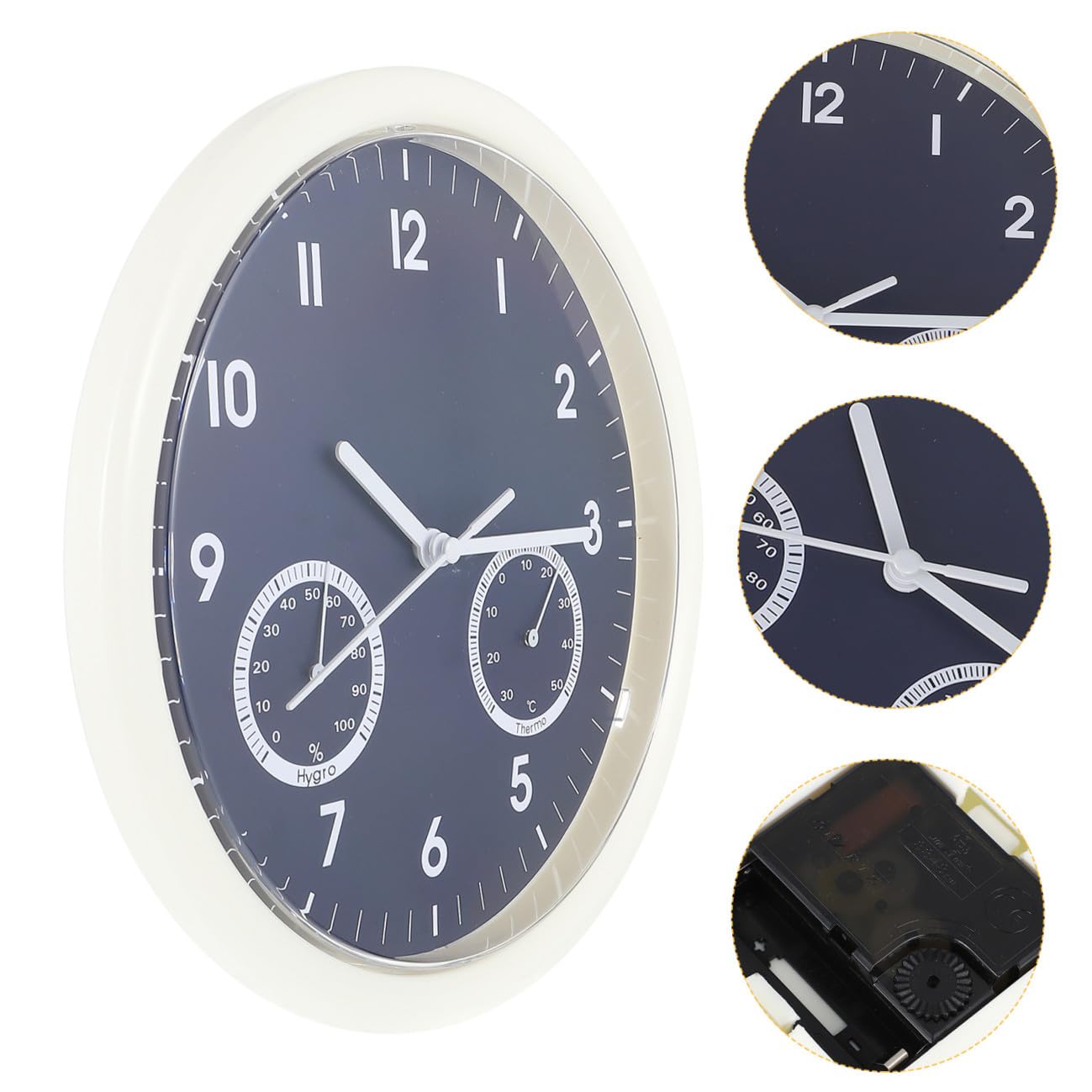 UKCOCO Reloj de Pared Silencioso con Termómetro Integrado Diseño Redondo Minimalista Carcasa y Esfera Azul Oscuro Batería Incluida Adecuado para Dormitorio y Cocina