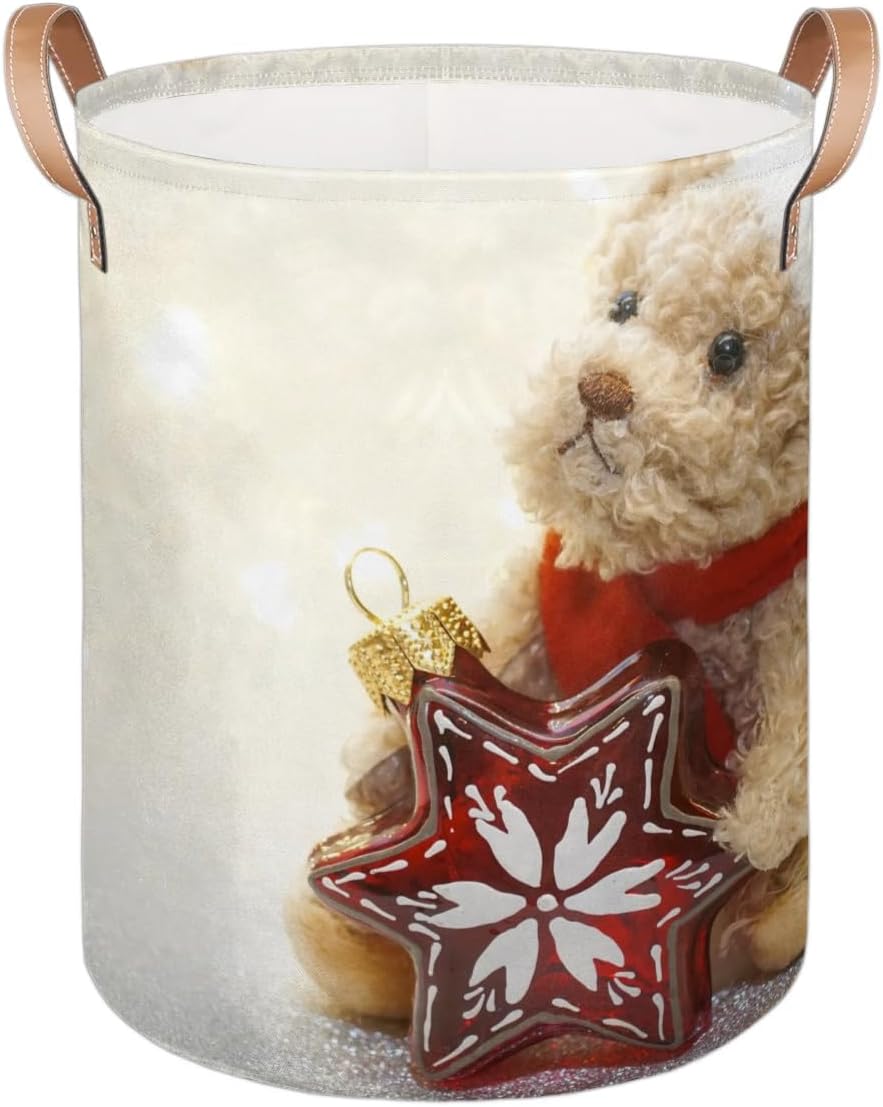 christmas Hat Dog Round Laundry Basket with Handles 70L Large Laundry Hamper Collapsible Polyester Dirty Clothes Storage Bucket Tall Organizer Basket for Nursery Bathroom Decor