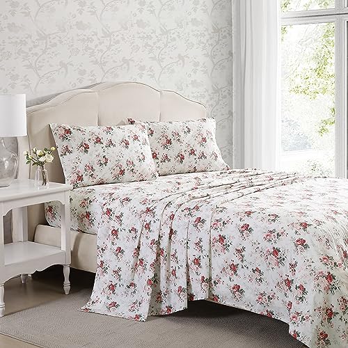 Image of Laura Ashley - Queen Size Sheet Set, Crisp & Lightweight Cotton Percale Bedding with Fitted Sheet and Pillowcases, Floral Room Decor, Deep Pocket, College Dorm Room Essentials (Ashfield Pink)