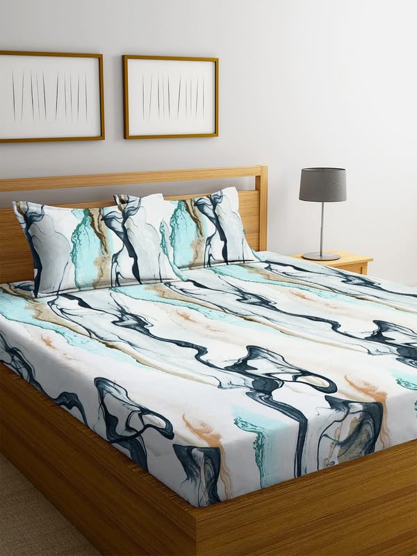 NEW LEAF Premium Cotton Flat Double Bedsheets with 2 Regular Size Pillow Covers | Double Bed Breathable | Wrinklefree | Ultrasoft 210 tc Supersoft Floral | 90×90 Inches, White & Blue