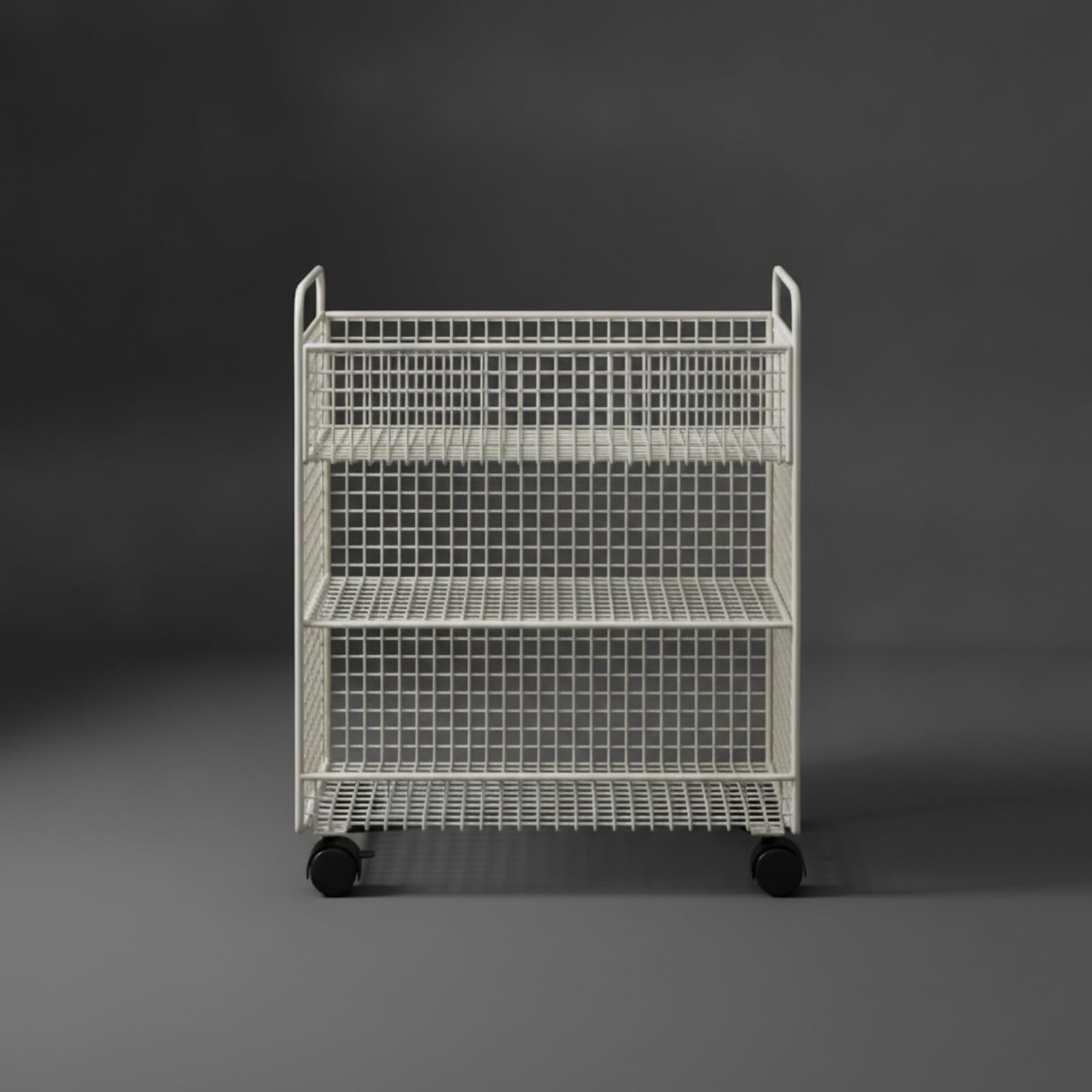 Mobile Libreria Carrello Scaffale Ripiano Cestino con Ruote in Ferro Struttura a Maglia Accesso Rapido Maniglie Laterali Salvaspazio Adatto per Camera, Nero, Tre Ripiani Con Ruote