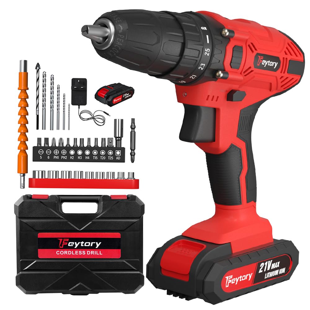 Cordless Drill Driver 21V, Electric Screwdriver Set with 2X Batteries, 45 N.m Max Combi Drill, 25+1 Torque Power Drills Tool, 2 Speed Cordless Screwdriver with 29Pcs Drill Driver Bits - Red