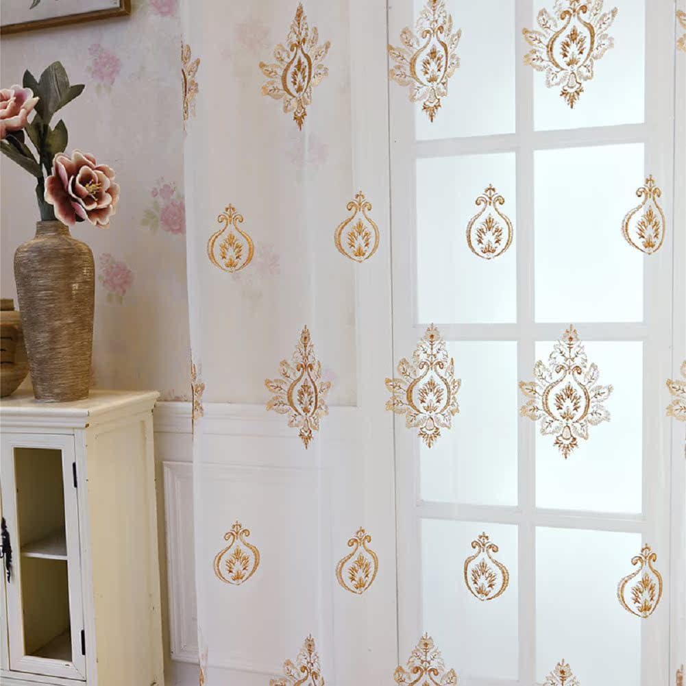 European Retro Elegant Embroidery Voile Sheer Curtains Semi Shading Window Curtain Rod Pocket for Living Kids Nursery Room Bedroom Patio(1 Panel, W 100 x L 95 inch, White)
