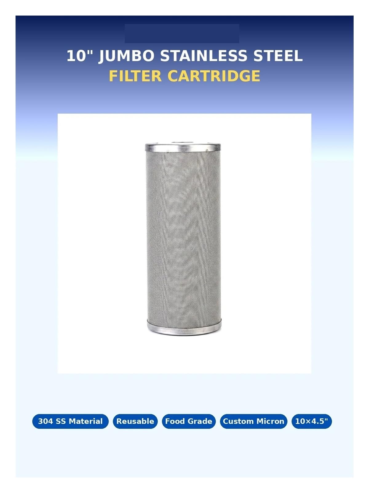Cartucho De Filtro Jumbo De Acero Inoxidable De 10 "x 4,5", 10 Pulgadas, Prefiltro De Agua De Malla 304 Lavable, Reutilizable, Grande, Azul, Grande Y Gordo, Sedimento(10inch Jumbo 100um)