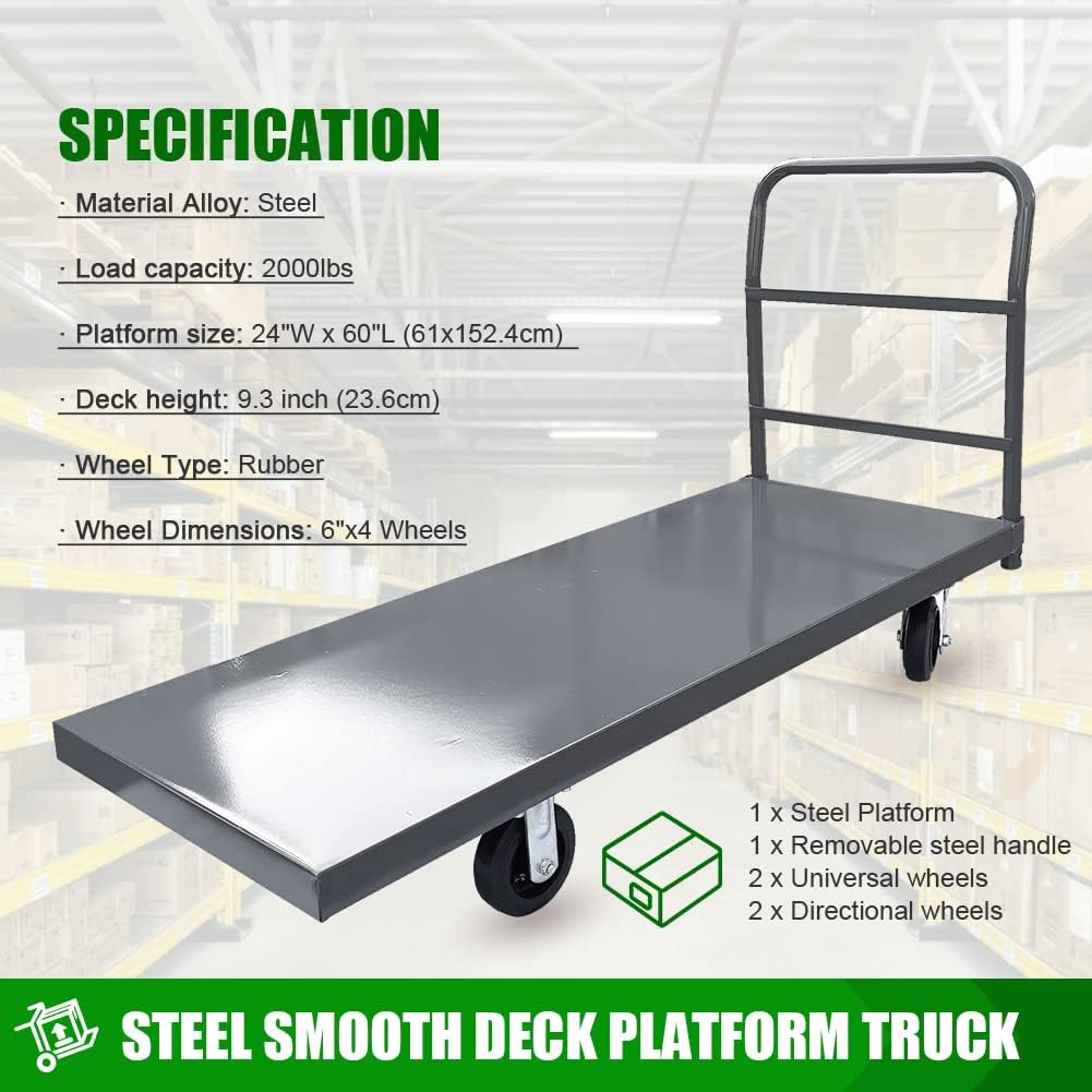 Steel Platform Truck/Smooth Deck Platform Truck Industrial Push Cart 60" L x 24" W Portable Dolly Large Flatbed with 6" Wheels 2000lb Capacity, Gray