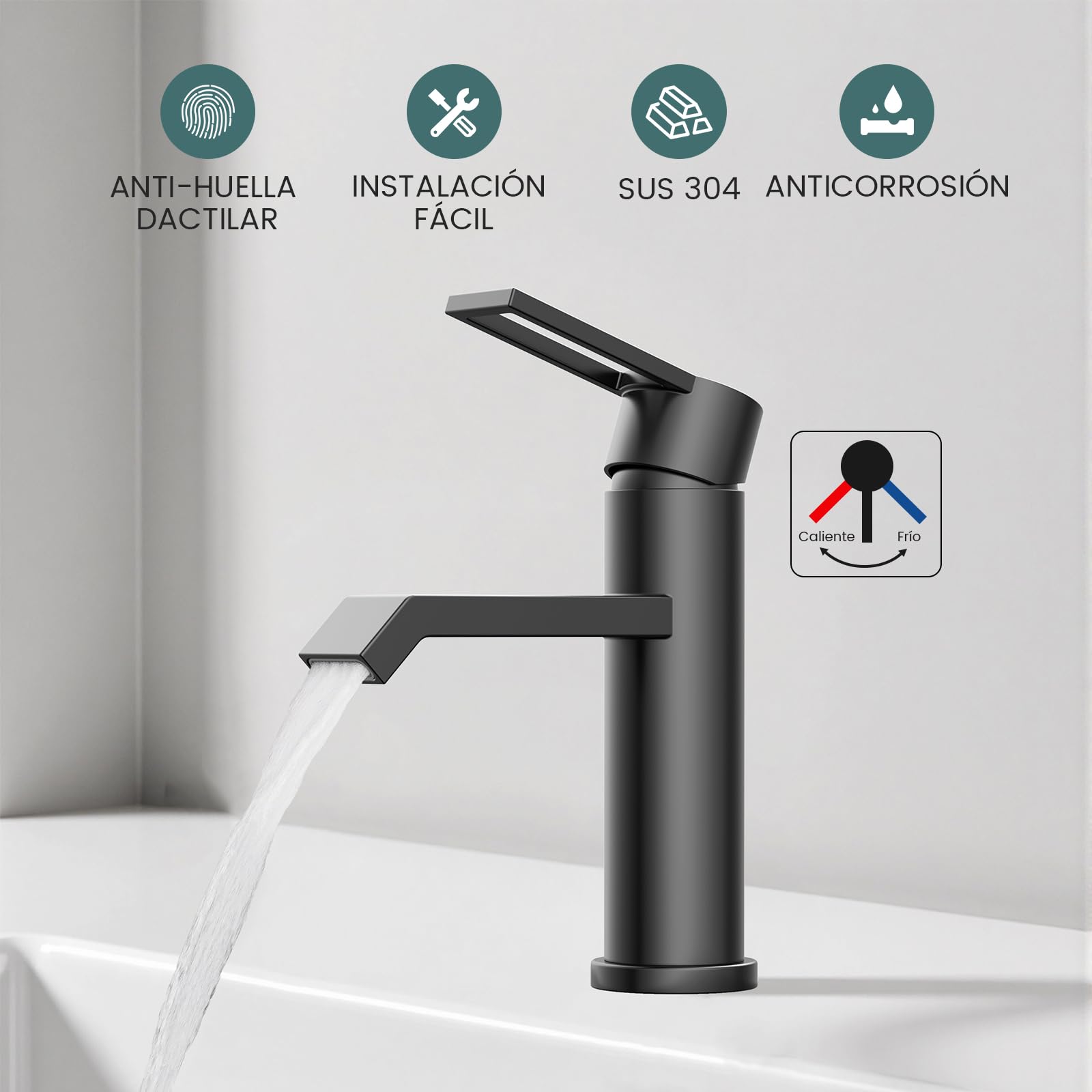 Hurran Grifo de baño negro mate, monomando para lavabo