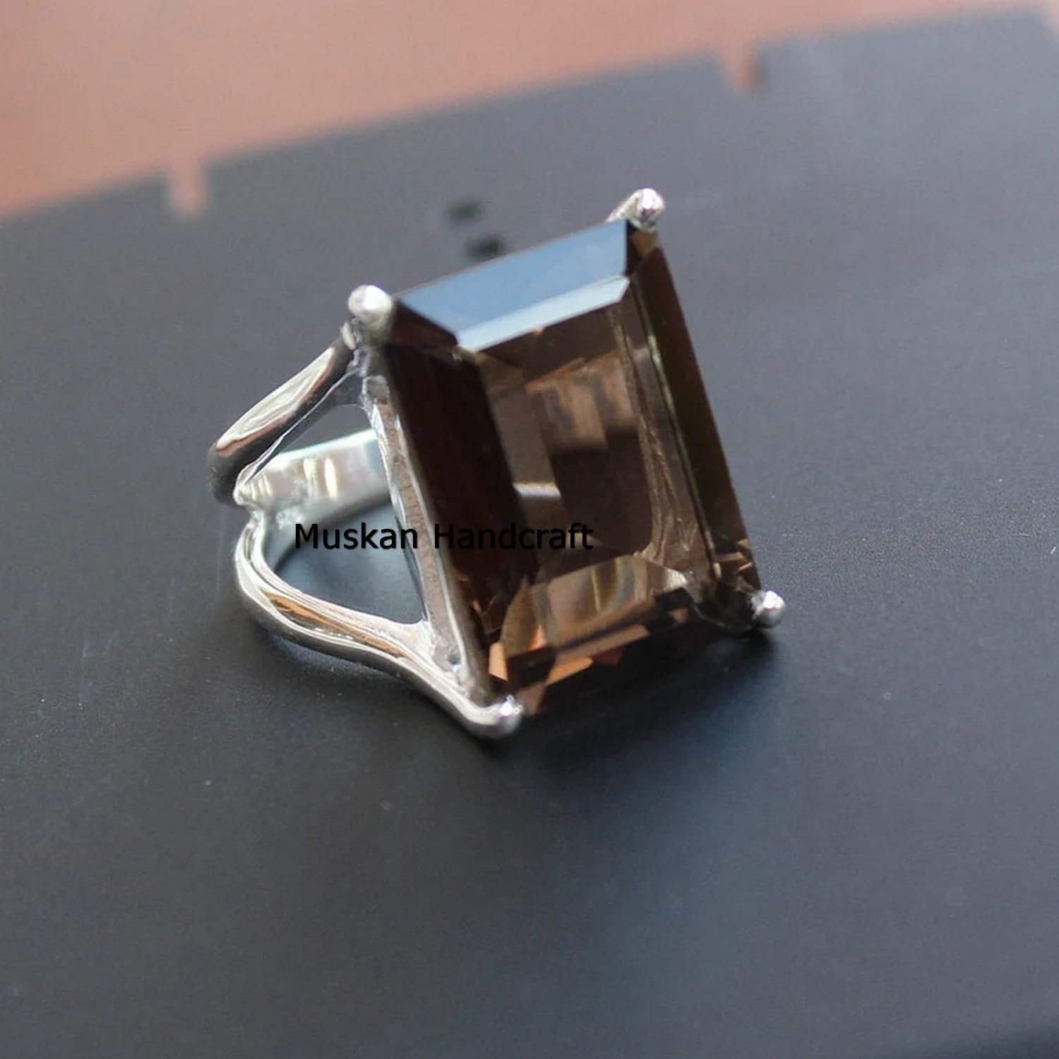 Natural Smoky Quartz Gemstone Ring/Rectangle 925 Sterling Silver Boho Statement Ring/Bohemian Dainty Ring/Unique Handmade Wedding Gifts Jewelry
