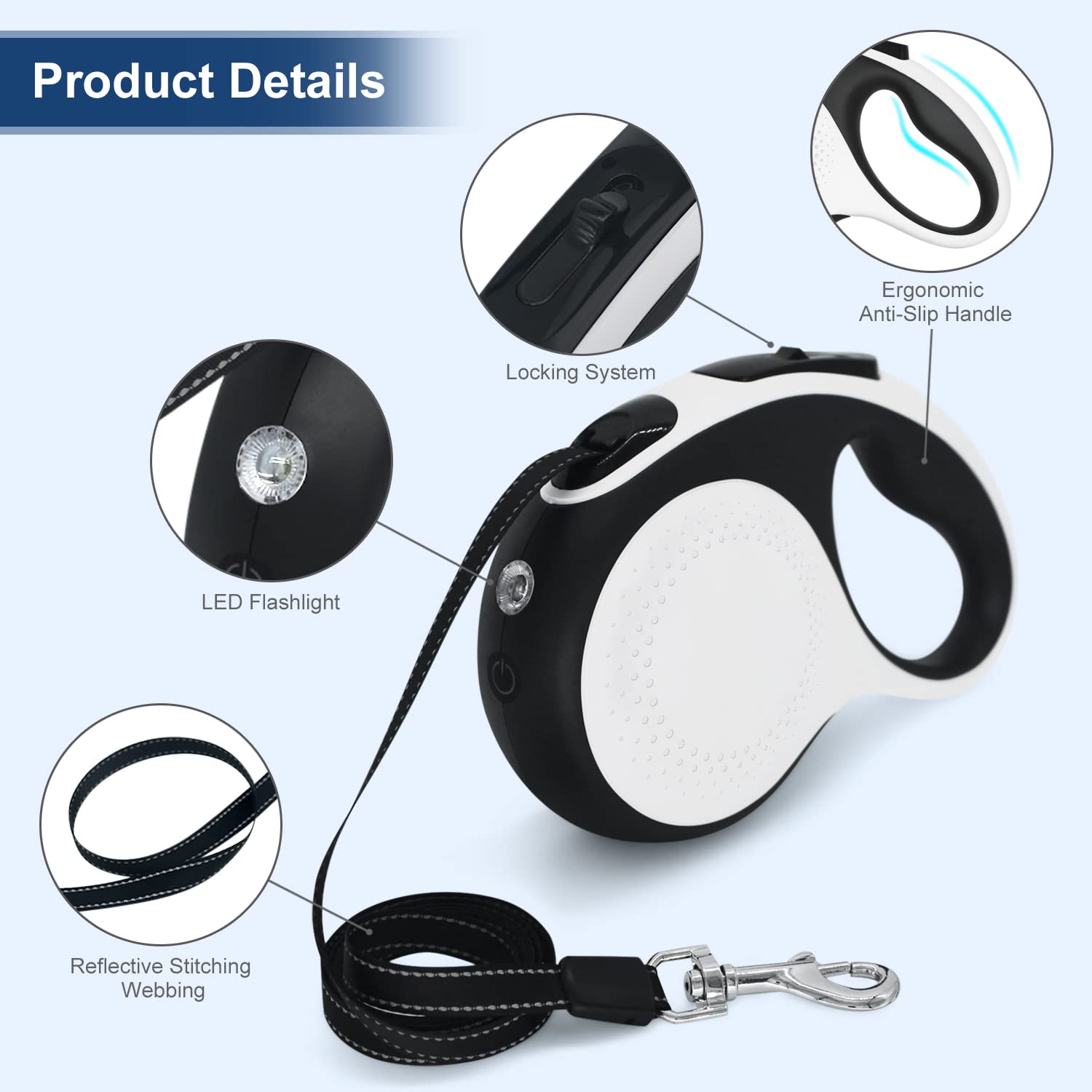 Laisse rétractable avec lumière LED rechargeable pour promenades nocturnes, laisse de promenade pour chien de 4,9 m avec câble anti-mastication, pour chiens pesant jusqu'à 30 kg (noir bleu)