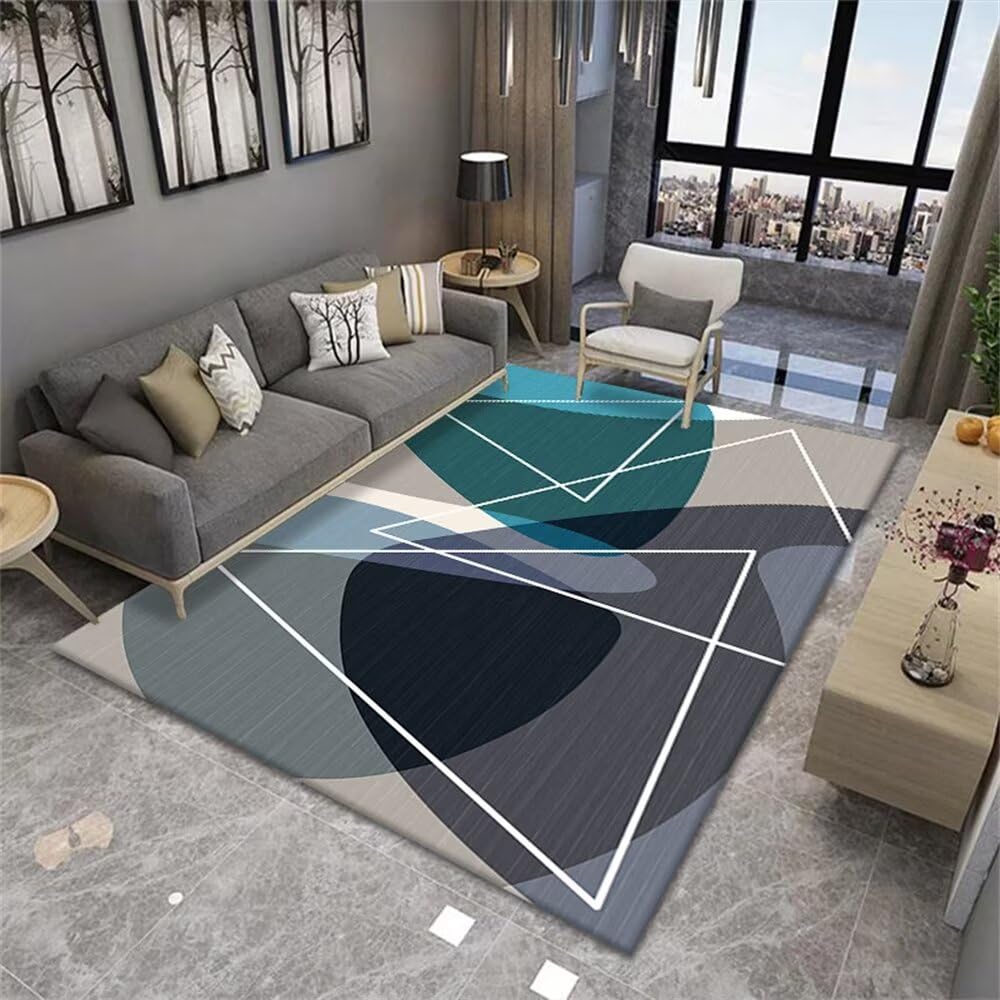 Tapis de salon gris-bleu à motif géométrique pour pièce à vivre