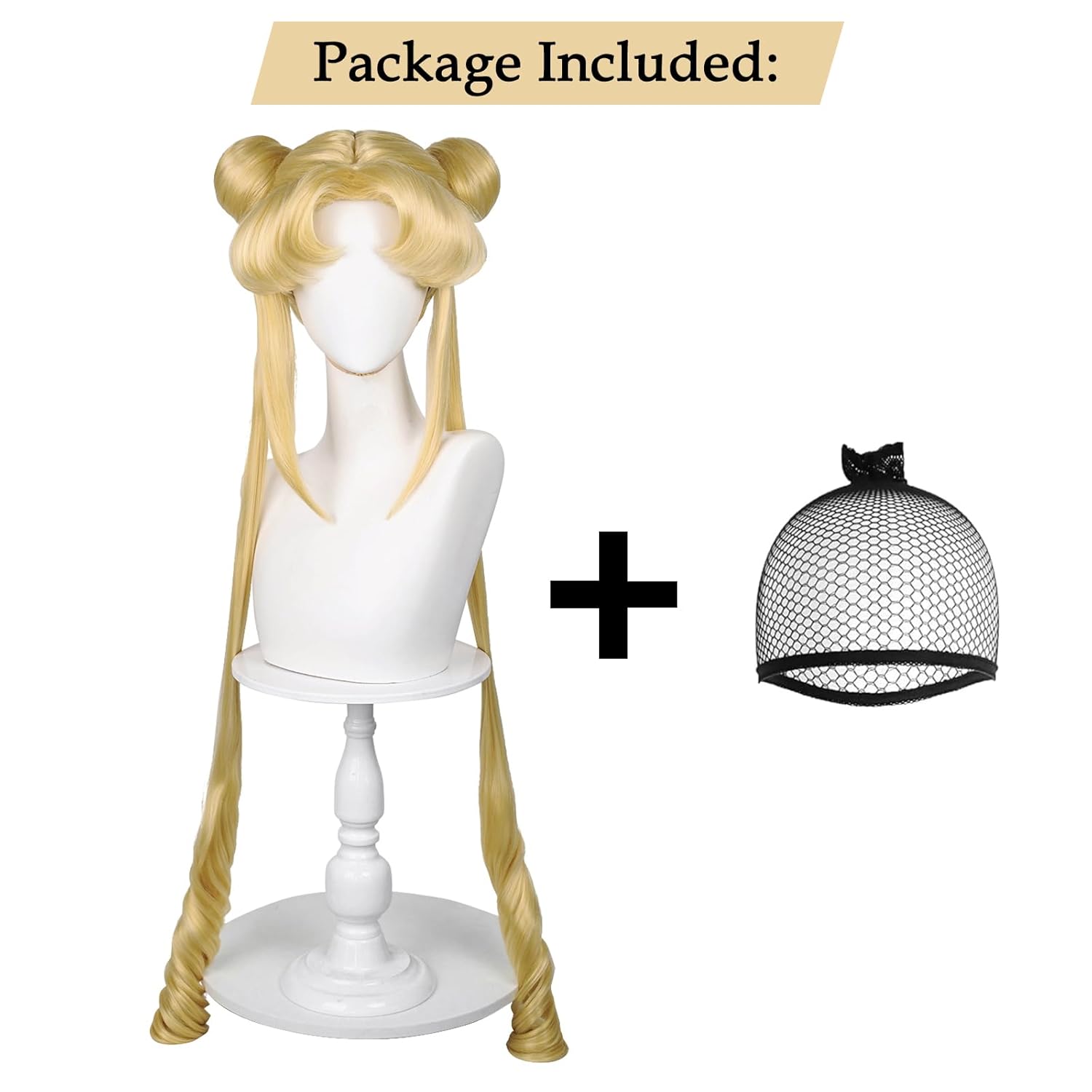 Probeauty Long Curly Blonde Ponytails Cosplay Wig Light Blonde Ponytails Costume Cosplay Wigs with Undetachable Buns Wig Cap - Image 4