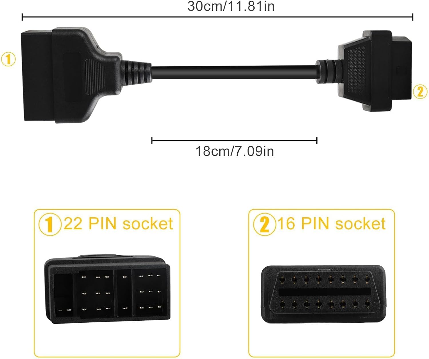 A diagram showing the physical dimensions of the EEEkit OBD1 to OBD2 Adapter, indicating a total length of approximately 30cm (11.81 inches) and the distinct 22-pin and 16-pin socket types.