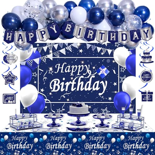 Blue and Silver Birthday Decorations for Men, Blue Brithday Decoration for Men Boys Women Girls Happy Birthday Decoretions Balloons Banner Tablecloth Backdrop Hanging Swirls Decor Balloon Arch Kit