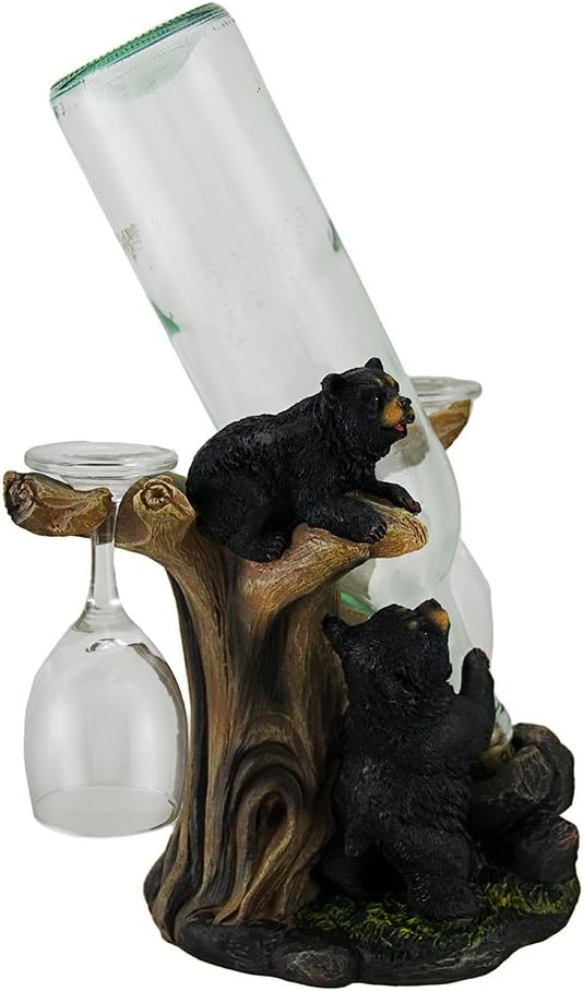 Zeckos Oh Honey Black Bears in a Tree Rustic Wine Bottle Holder with 2 Glasses