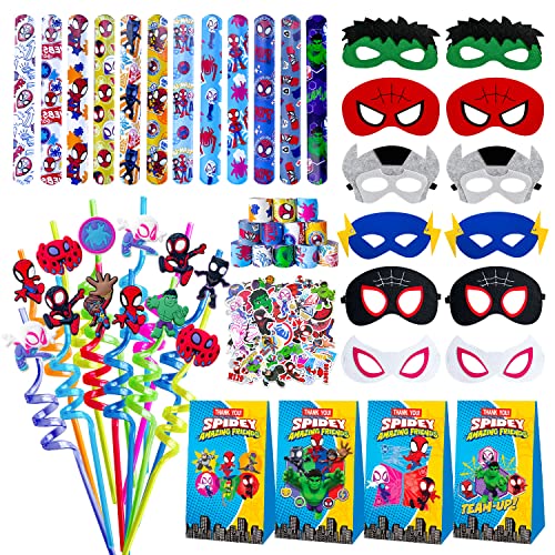 86Pcs Spidey and His Amazing Friends Party Favor Supplies -Reusable Drinking straws Masks&Slap Bracelets Candy Bags&Spidey Stickers Gifts for Kids Birthday Superhero Themed Party Favors Birthday Decorations