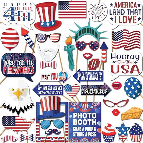 4th of July Photo Booth Props - 41-pc Photobooth Kit with 8 x 10-Inch Sign, 60 Adhesive Pads, 45 Sticks - 4th of July Party Decorations - Patriotic Party Supplies - American Party Decorations