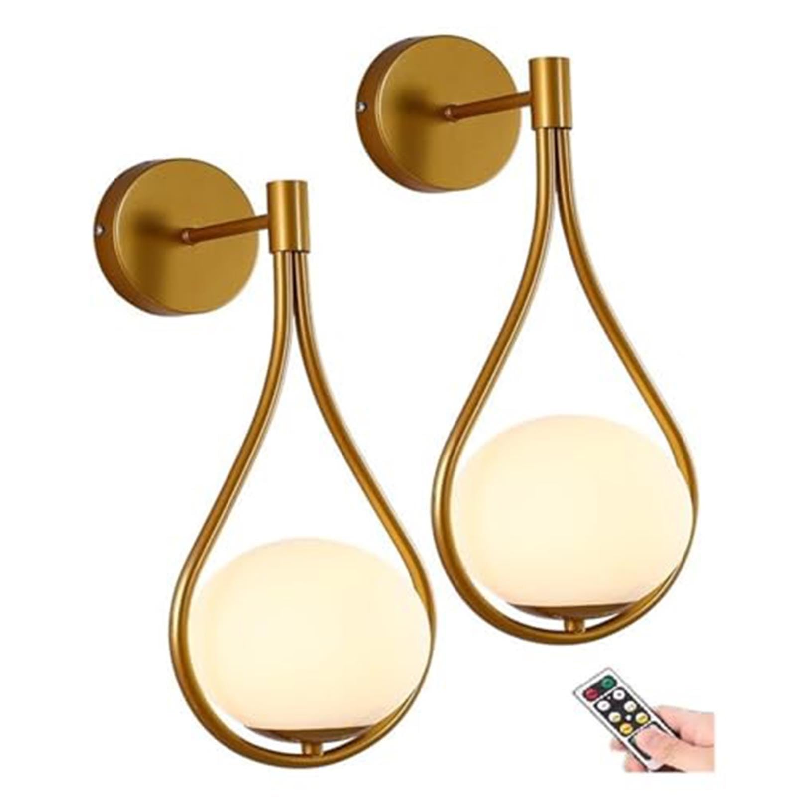 Lampa ścienna, kinkiety ścienne ze szklaną kulą, zasilanie bateryjne, zestaw 2 sztuk, ładowane przez USB, lampy ścienne z okablowaniem, oprawa ścienna, dekoracja wnętrz, złoty mosiądz, do