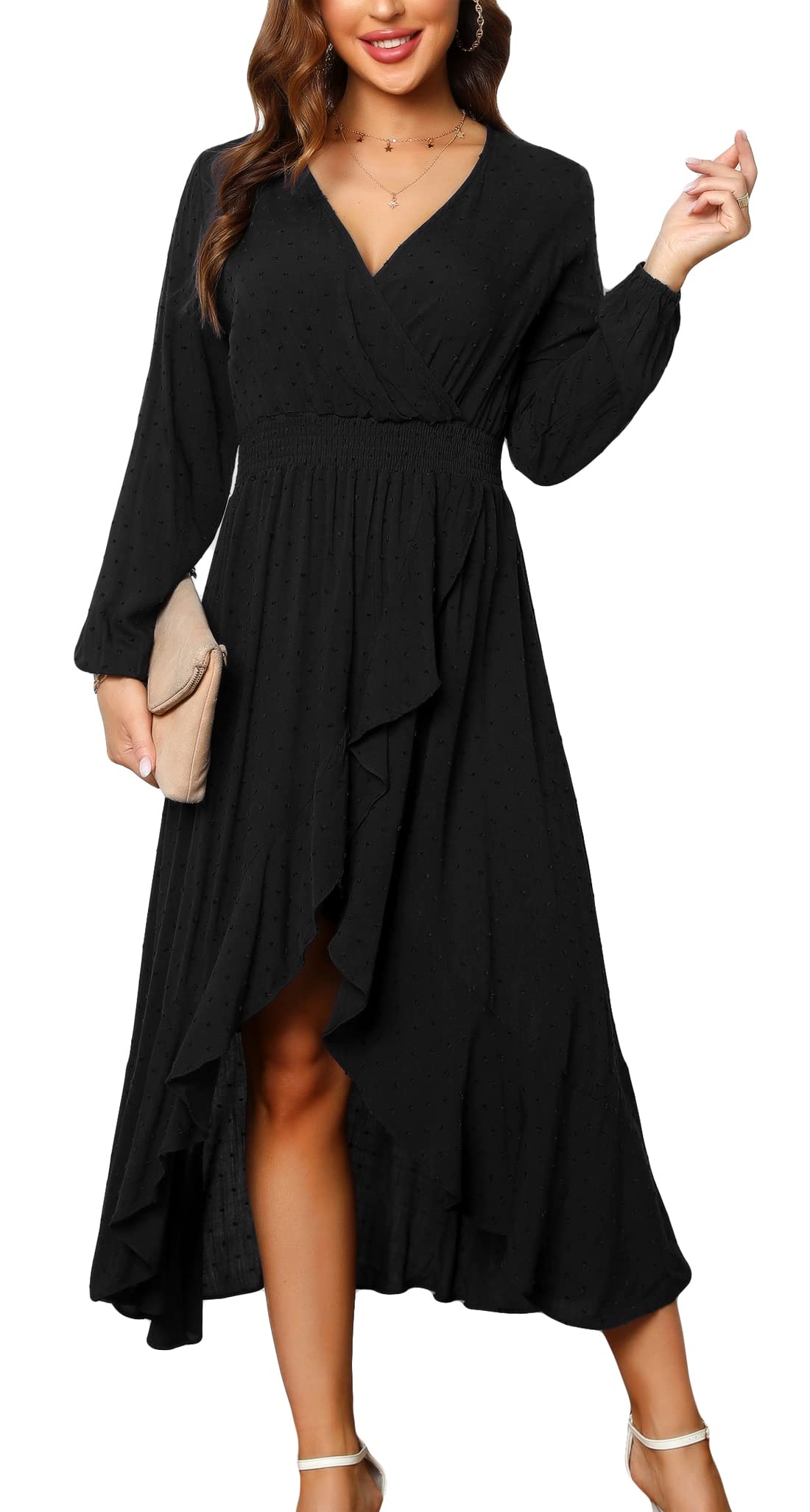 KormeiWomen V Neck High Low Flowy Boho Dots Long Sleeve Party Long Maxi Dress