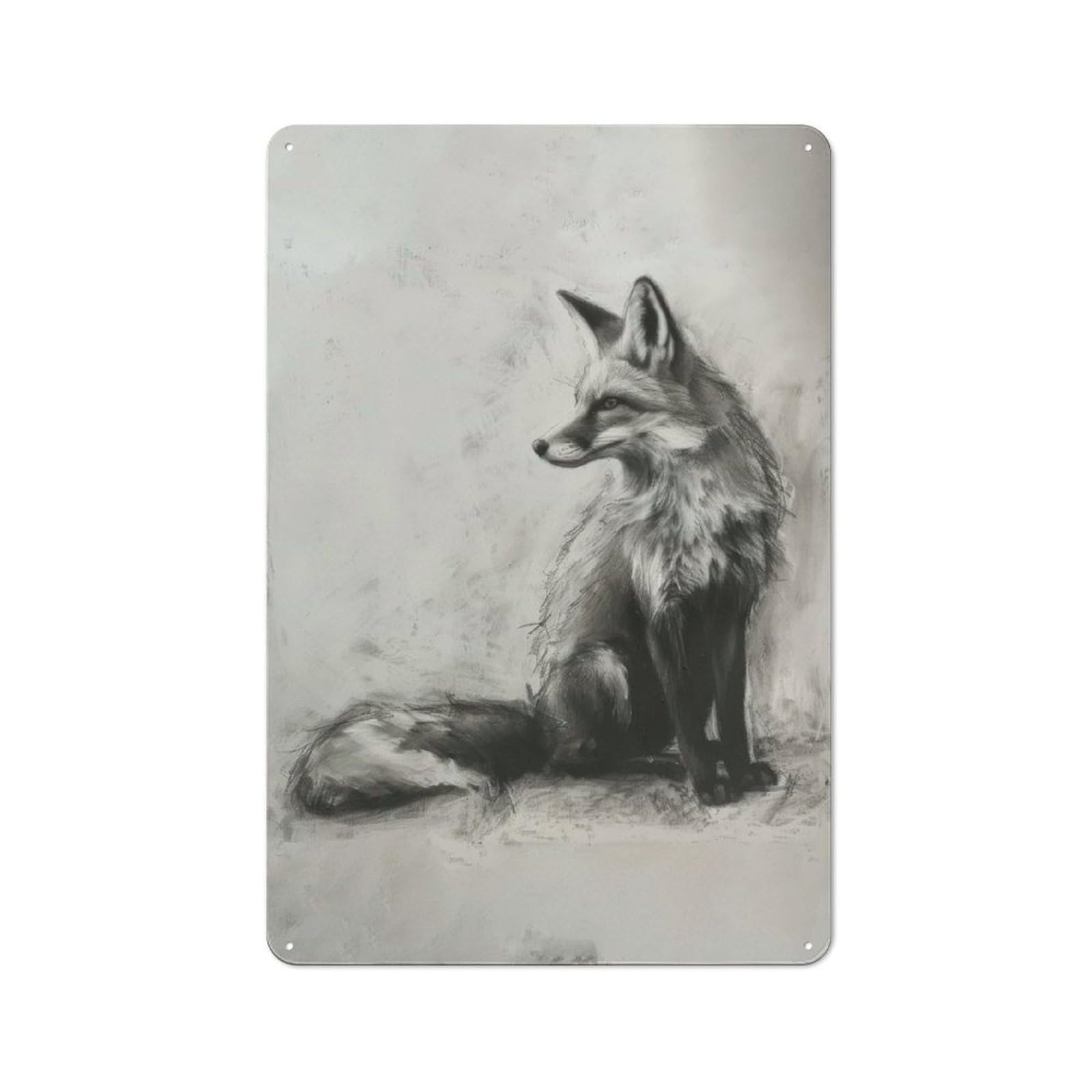 Retro Metal Plaque 30x20cm Featuring Fox In Charcoal Sketch, Bistro Wall Plaque for Bakery, Diner, Cafe Or Family Room