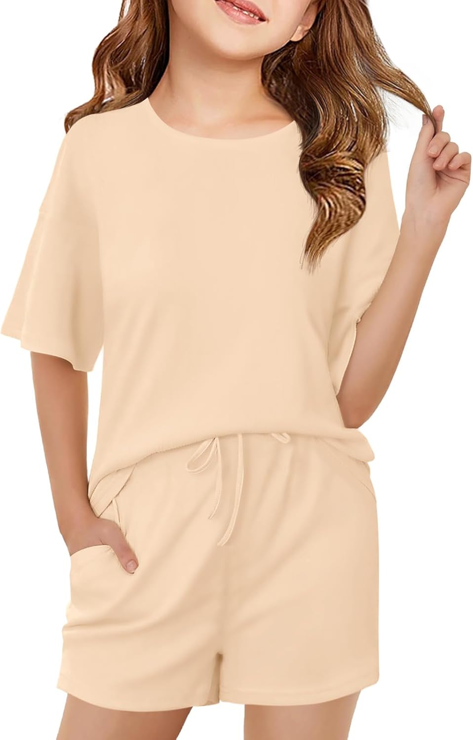 Haloumoning Girls Summer 2 Piece Outfits Kids Oversized T Shirts and Shorts Clothing Sets 5-14 Years