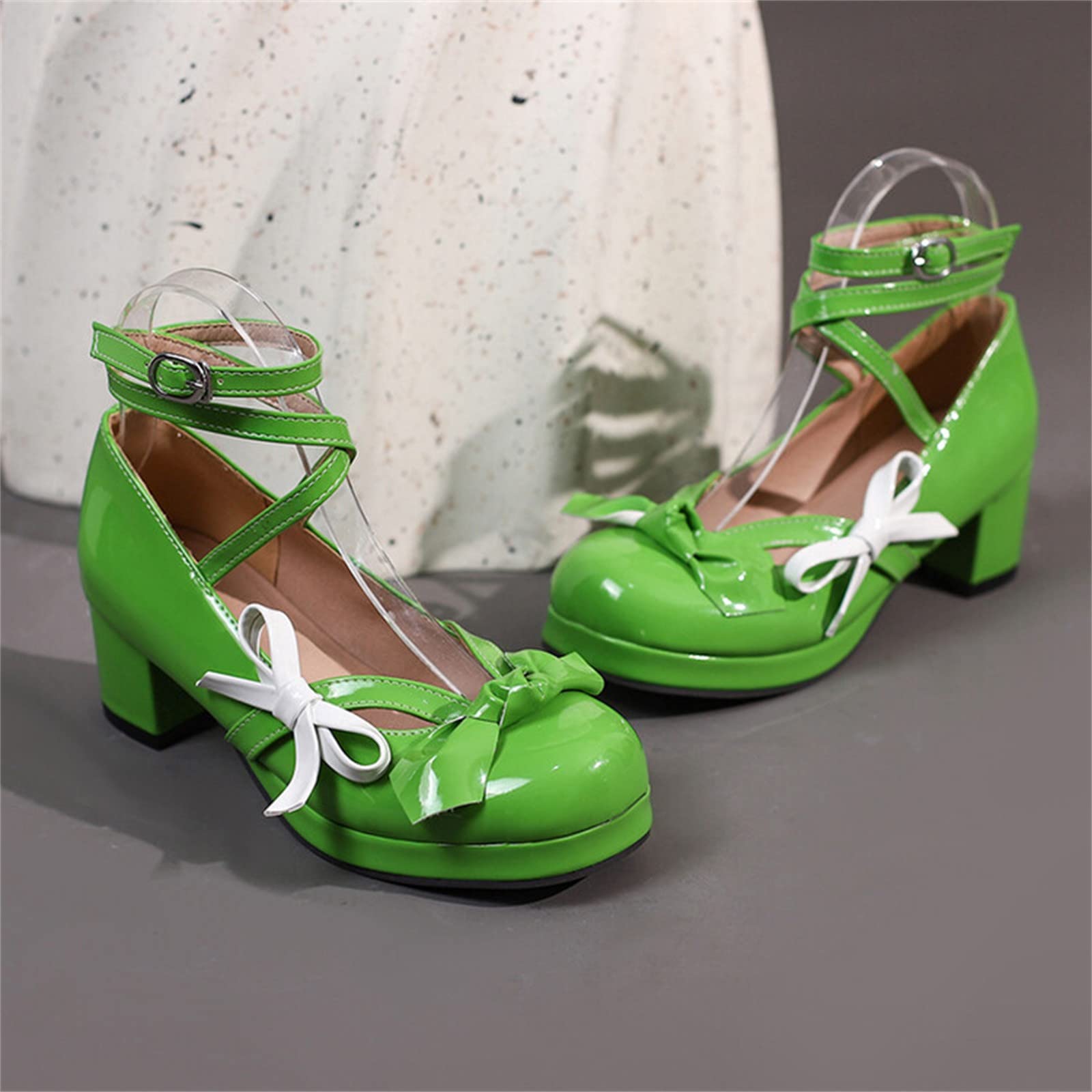 Scarpe basse da donna con cinghia, Mary Jane, con tacco alto, per cosplay, con fibbia, rotonde, in pizzo, per feste, balli di fine anno, in pelle