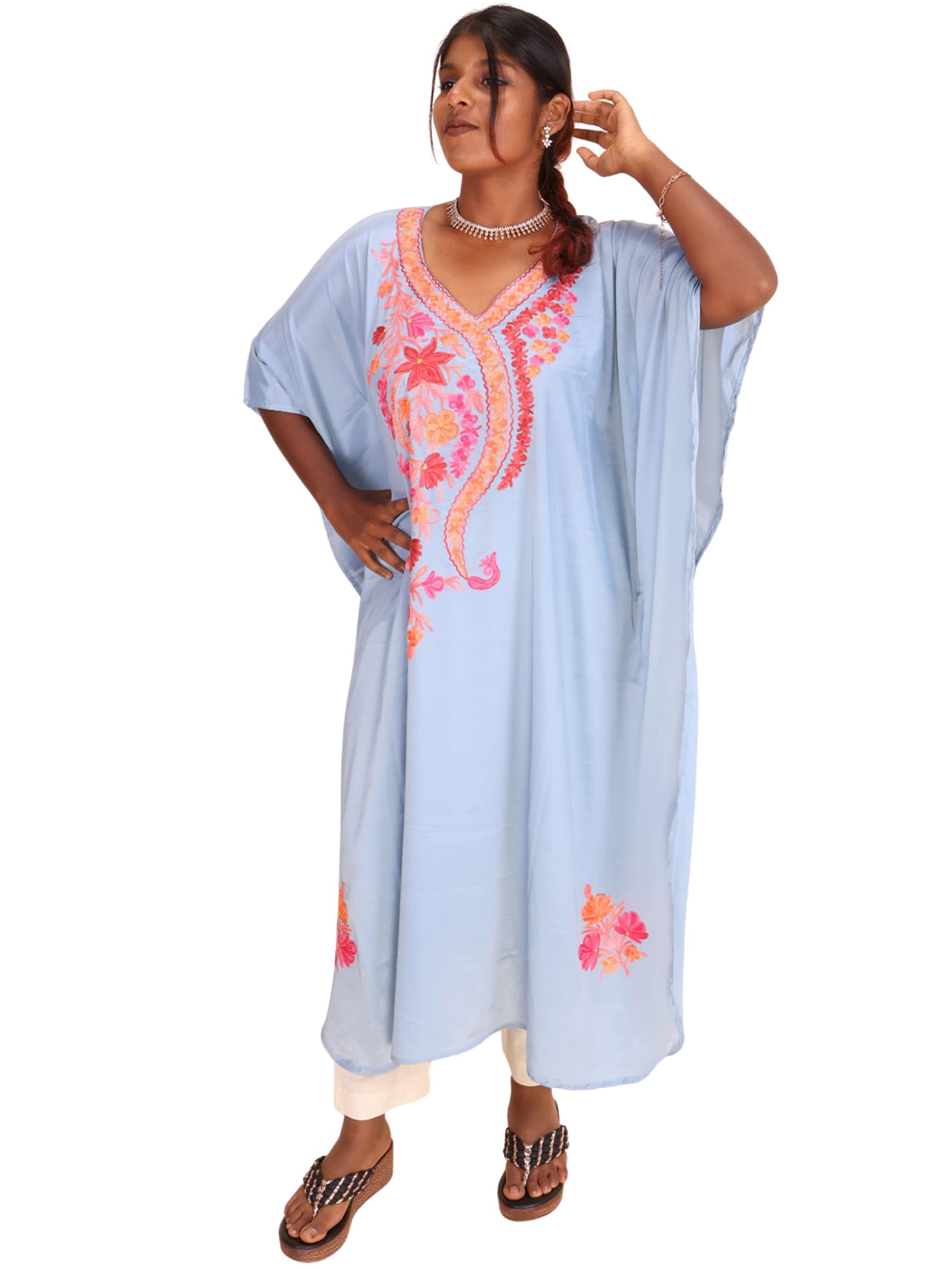 Premium Sozni Red Embroidered Crepe Silk Kaftan Loose Fit Knee Length Summer Beach Cover-Up | Stylish & Comfortable for Women and Girls (Blue)-image-47