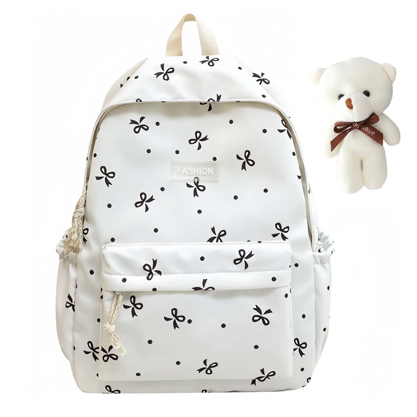 Jeeeun Girls White-Khaki*B Bow Backpack For Coquette Bow Backpack - 3Pcs Set With Matching Pouch & Lunch Bag (White-Khaki*B)
