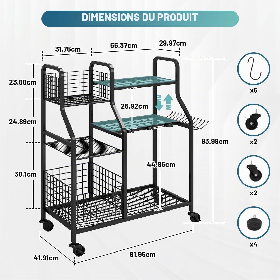 Rangement d'outils de jardin à roulettes 3 niveaux garage robuste noir max