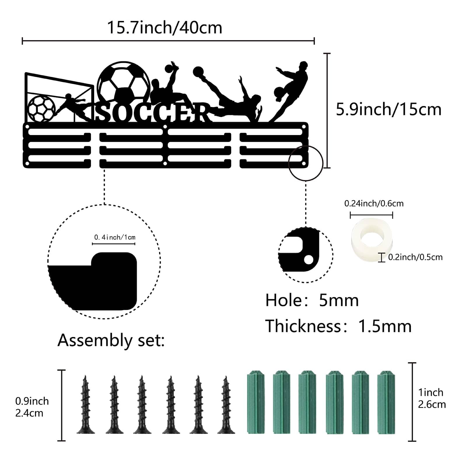 Porte-médailles Tocwick – 3 étages, 12 Crochets, 40x13,8 Cm, Métal Noir, Motif Football, Mural – Pour Sports, Course, Gymnastique