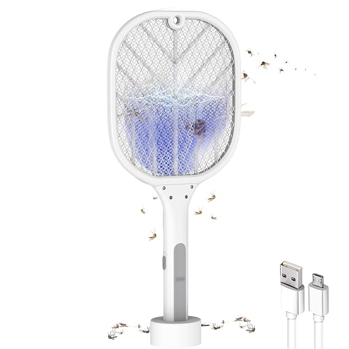 GIGAWATTS with GW Autokill 2-in-1 Mosquito Racket 1200mAh Battery USB Charging LED Light Insect Bugs Trap Fly Swatter for Indoor Home Outdoor (White, 3-Months Warranty, Charged Before First USE)