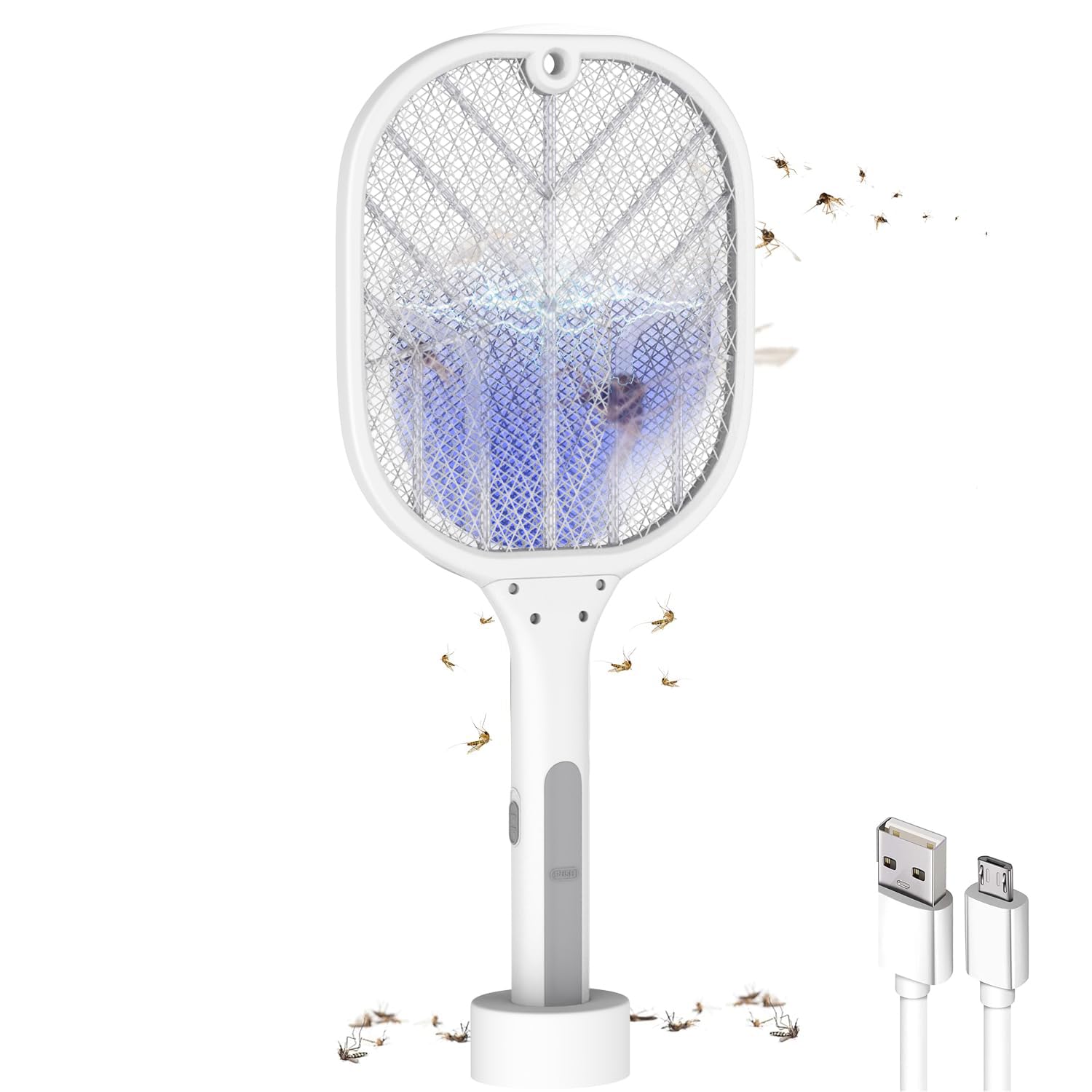with GW Autokill 2-in-1 Mosquito Racket 1200mAh Battery USB Charging LED Light Insect Bugs Trap Fly Swatter for Indoor Home Outdoor (White, 3-Months Warranty, Charged Before First USE)