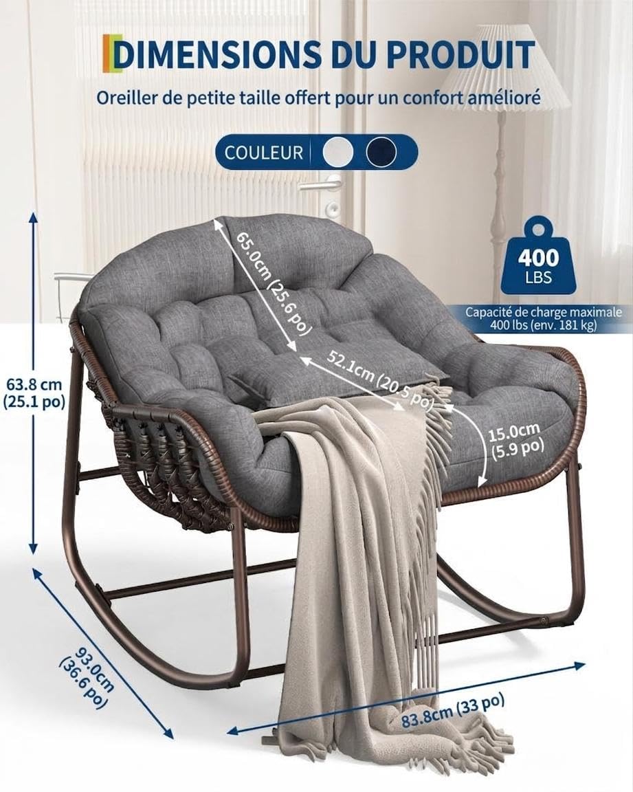 Fauteuil à Bascule Extérieur en Rotin,Structure Acier, pour Salon Patio