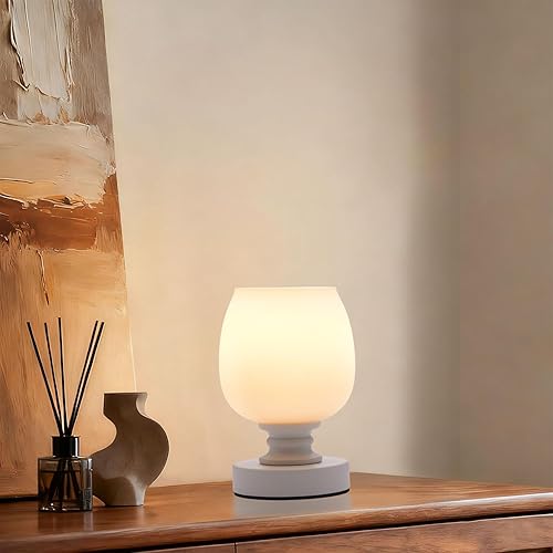 Juego de 2 lámparas de mesita de noche pequeñas, cristal blanco lechoso, lámpara de escritorio de lugar pequeño, bombilla LED 3CCT incluida, color