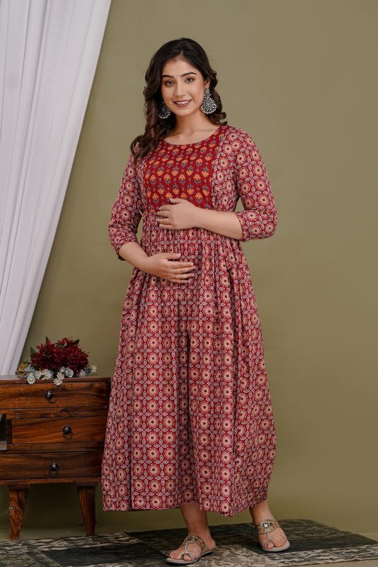 Image of Women's Pure Cotton Printed Maternity Gown /Maternity wear /Feeding Gown A-line Maternity Feeding Dress Maternity Kurti Gown for Women