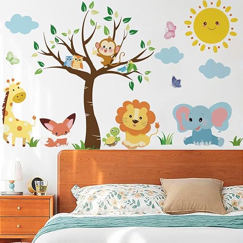 Miniatura 3 de Runtoo Calcomanías de pared de animales para bebés, elefante, león, mono, árbol de la selva, calcomanías de pared para habitación de niños,