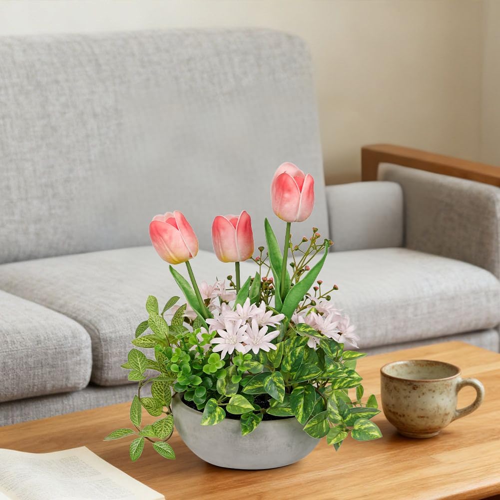 Flower Centerpieces 10.6" Artificial Plants & Flowers in Pot Mixed Artificial Tulip with Pink Flowers Green Plant, Realistic Farmhouse Flowers Arrangements for Table Office Desk Kitchen Home Decor