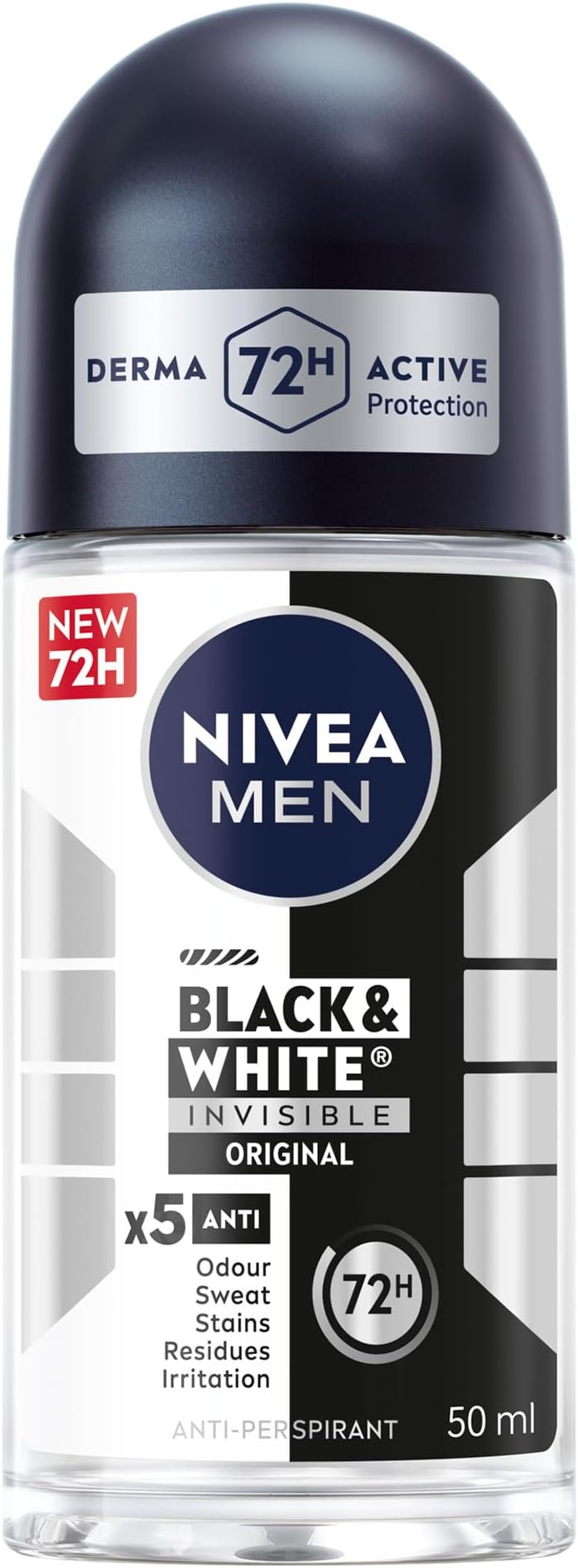 MEN Black & White Invisible Antiperspirant Roll-On Deodorant, Original, 72H Active Protection, 5IN1, Anti-Odour, Sweat, Stains, Residues & Irritation, 50ml